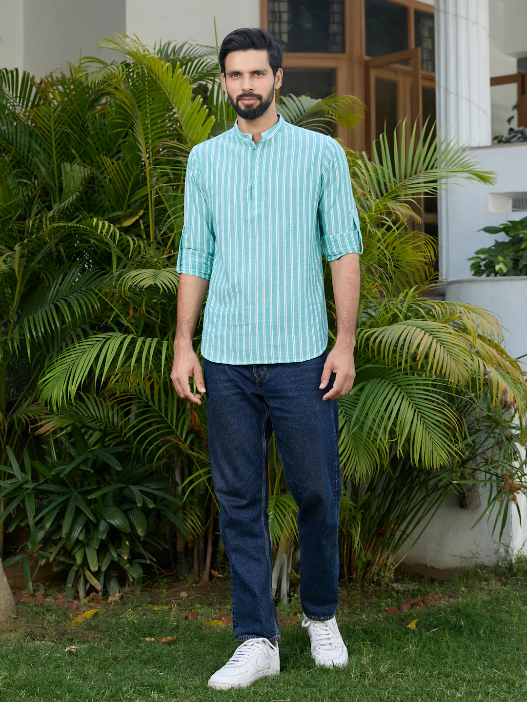 Men Green Woven Striped Cotton Short Kurta - Image 3