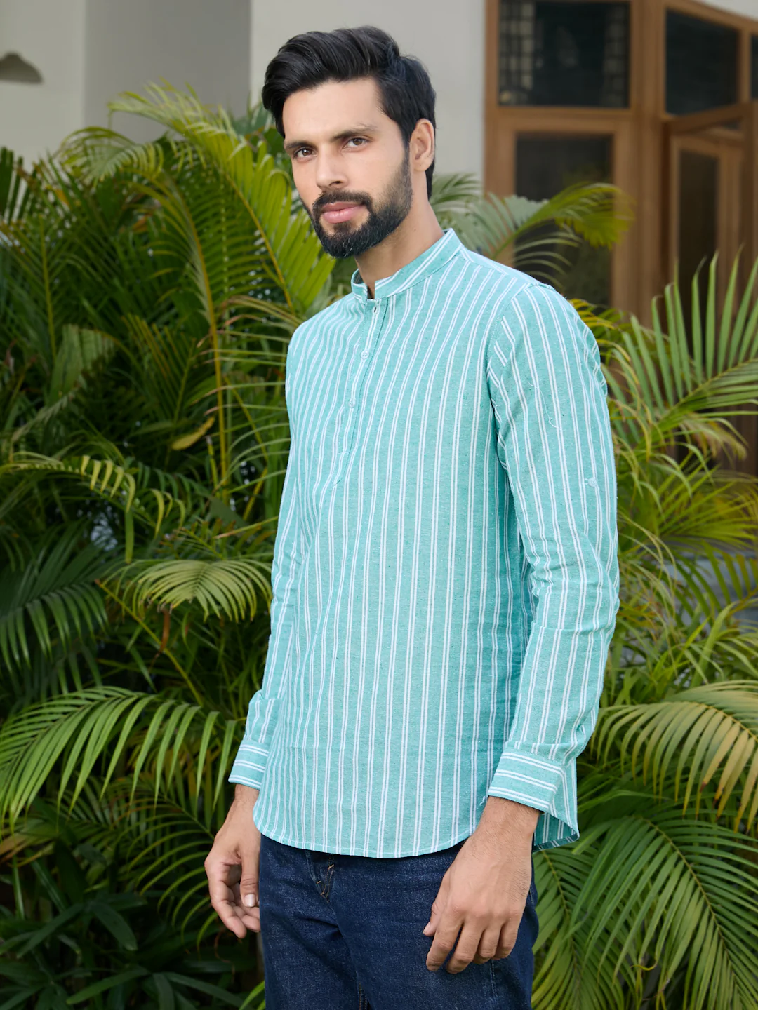 Men Green Woven Striped Cotton Short Kurta - Image 4