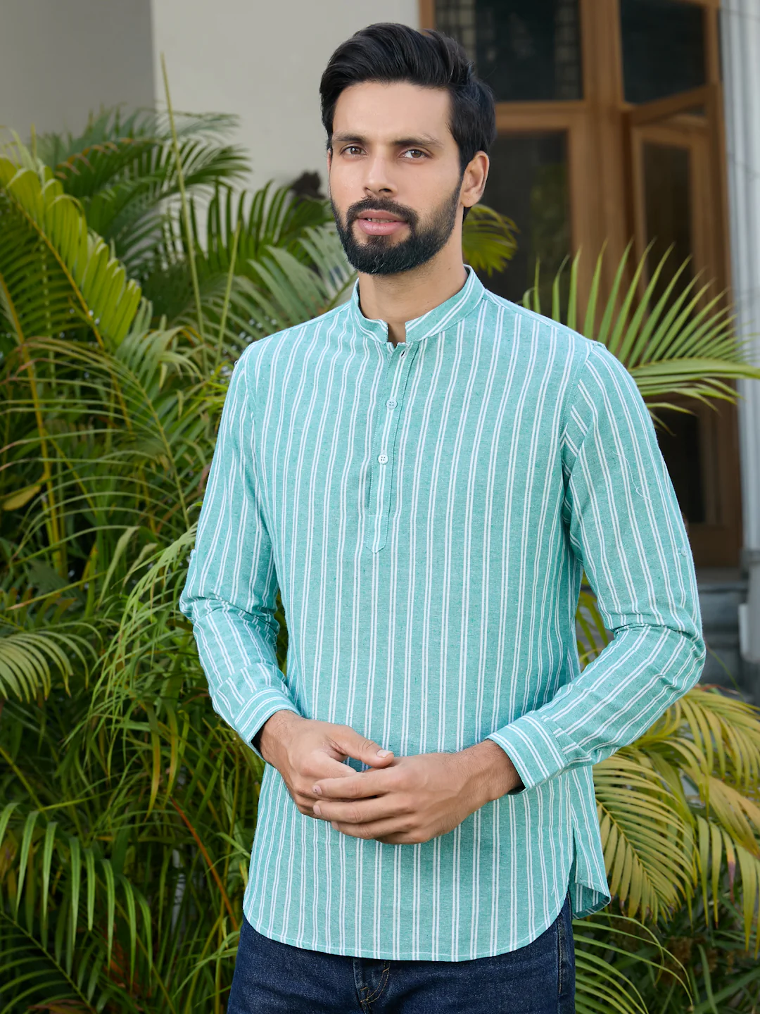 Men Green Woven Striped Cotton Short Kurta - Image 5