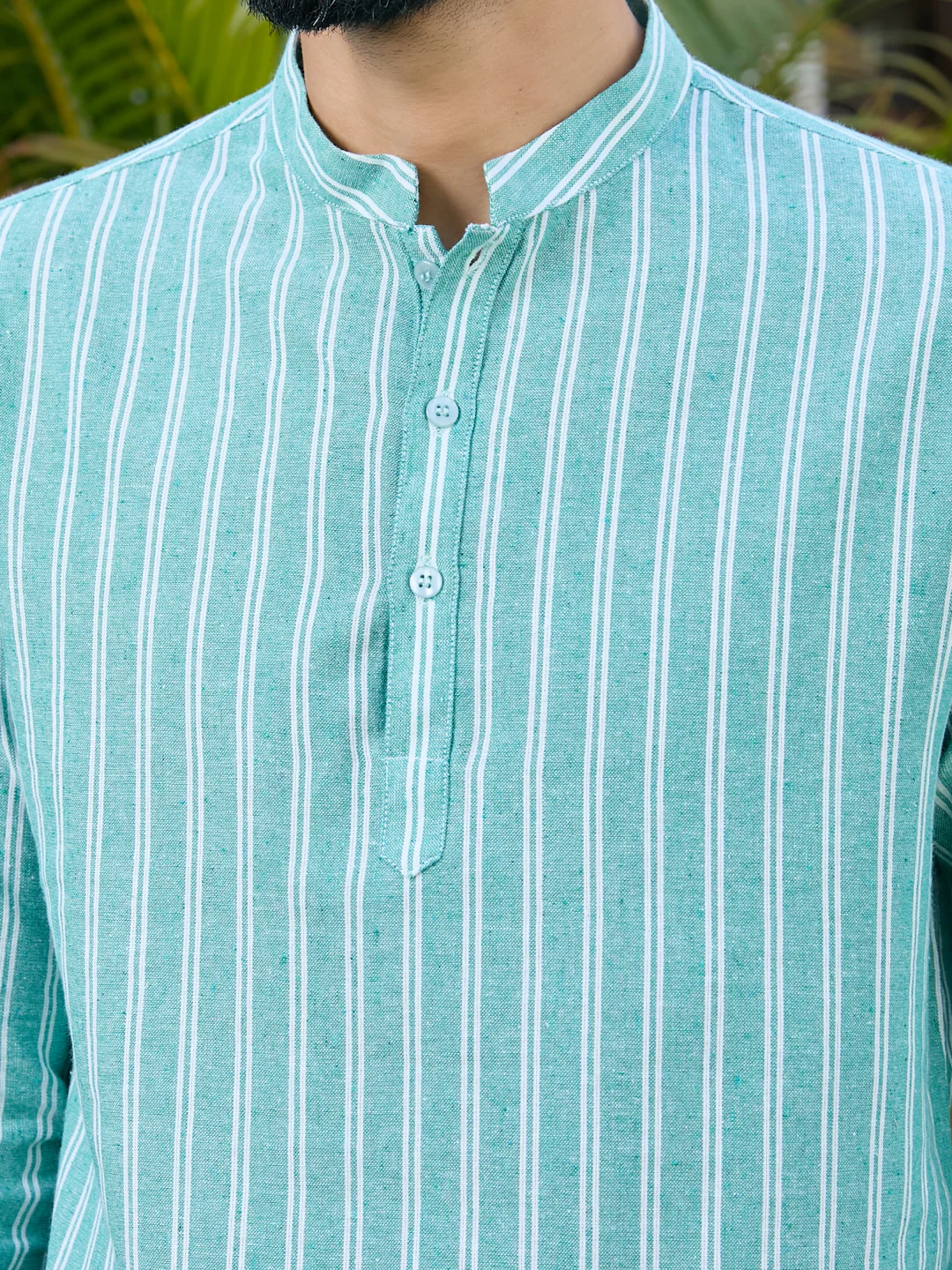 Men Green Woven Striped Cotton Short Kurta - Image 6