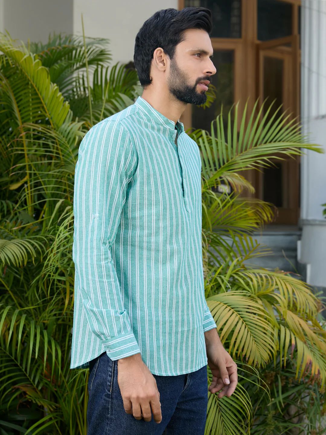 Men Green Woven Striped Cotton Short Kurta - Image 7