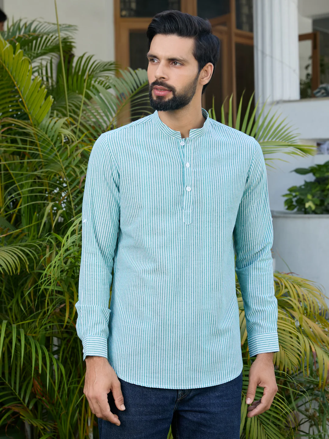 Men Green Woven Striped Cotton Short Kurta