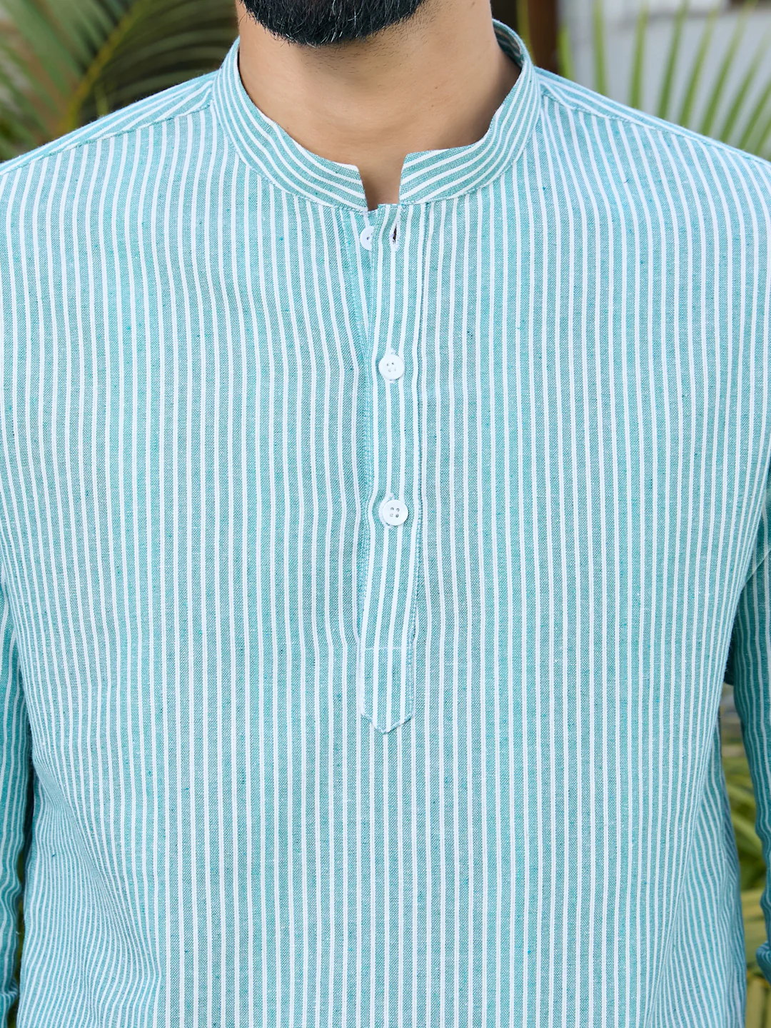 Men Green Woven Striped Cotton Short Kurta - Image 2