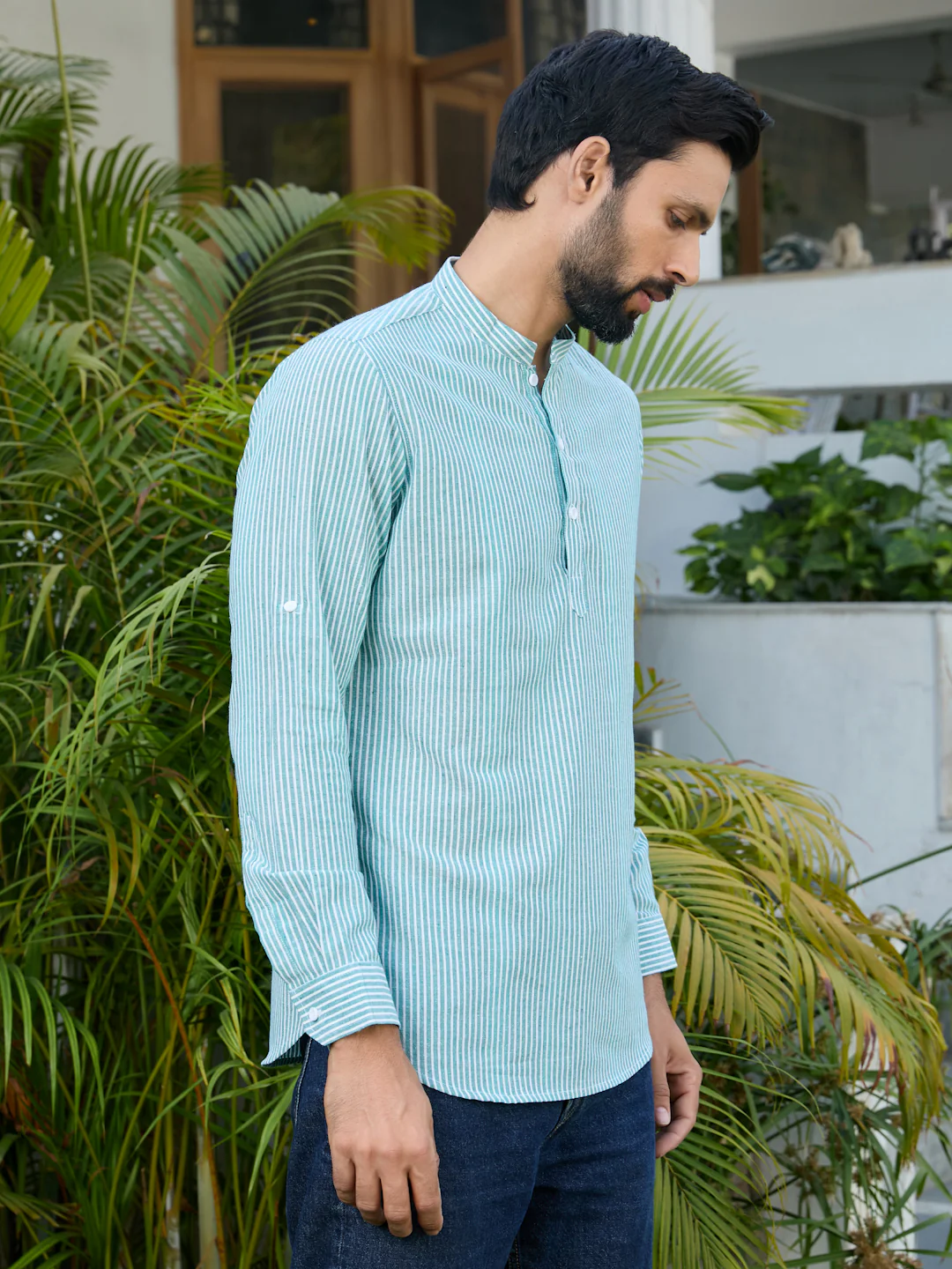 Men Green Woven Striped Cotton Short Kurta - Image 3