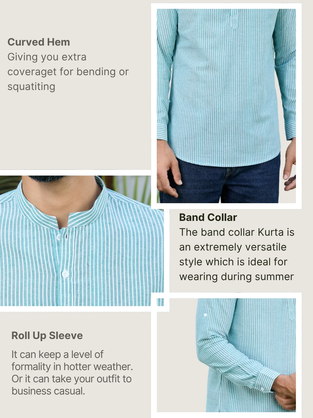 Men Green Woven Striped Cotton Short Kurta - Image 4