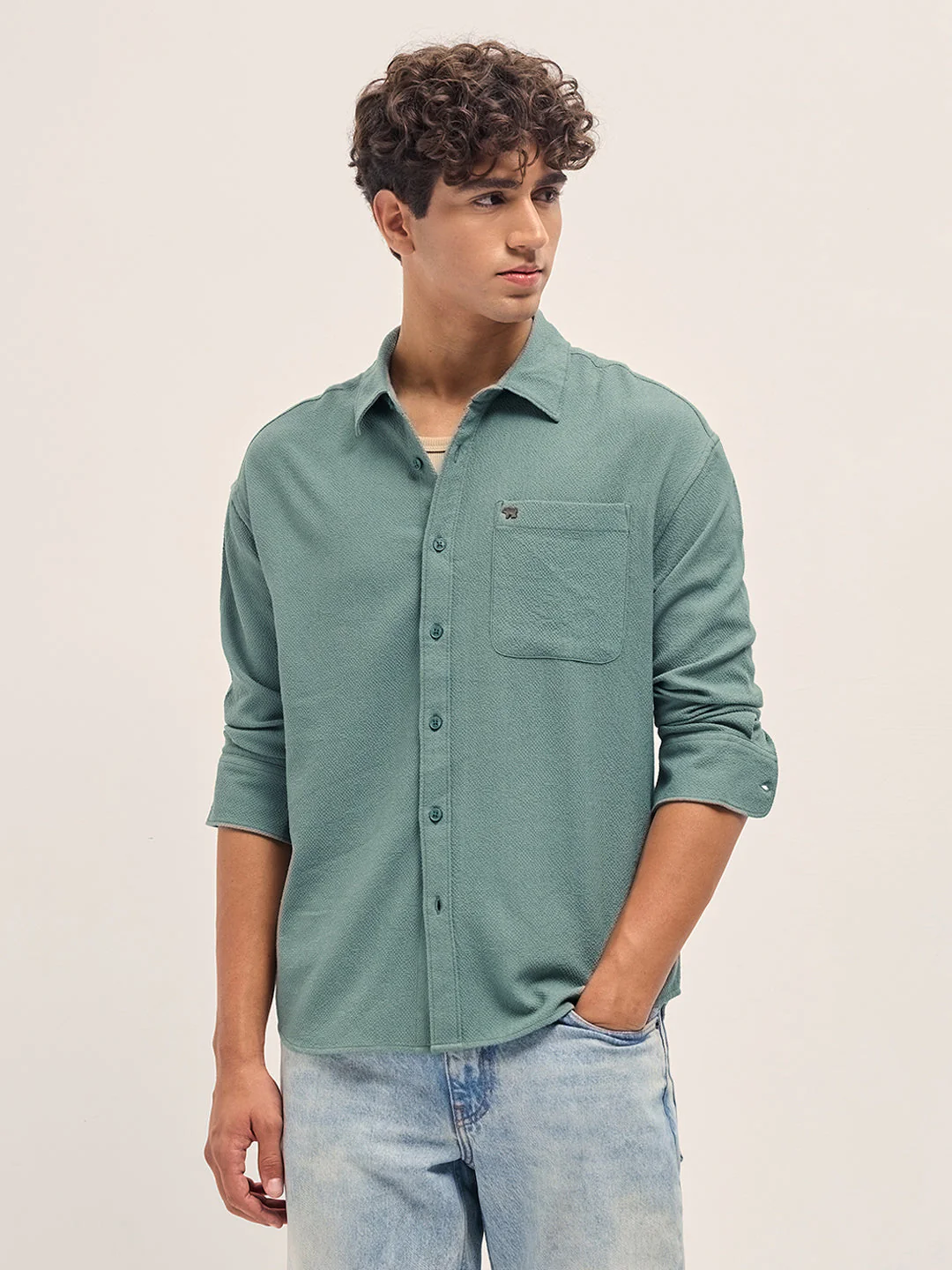 Men Green Woven Textured Relaxed Fit Casual Shirt - Image 6
