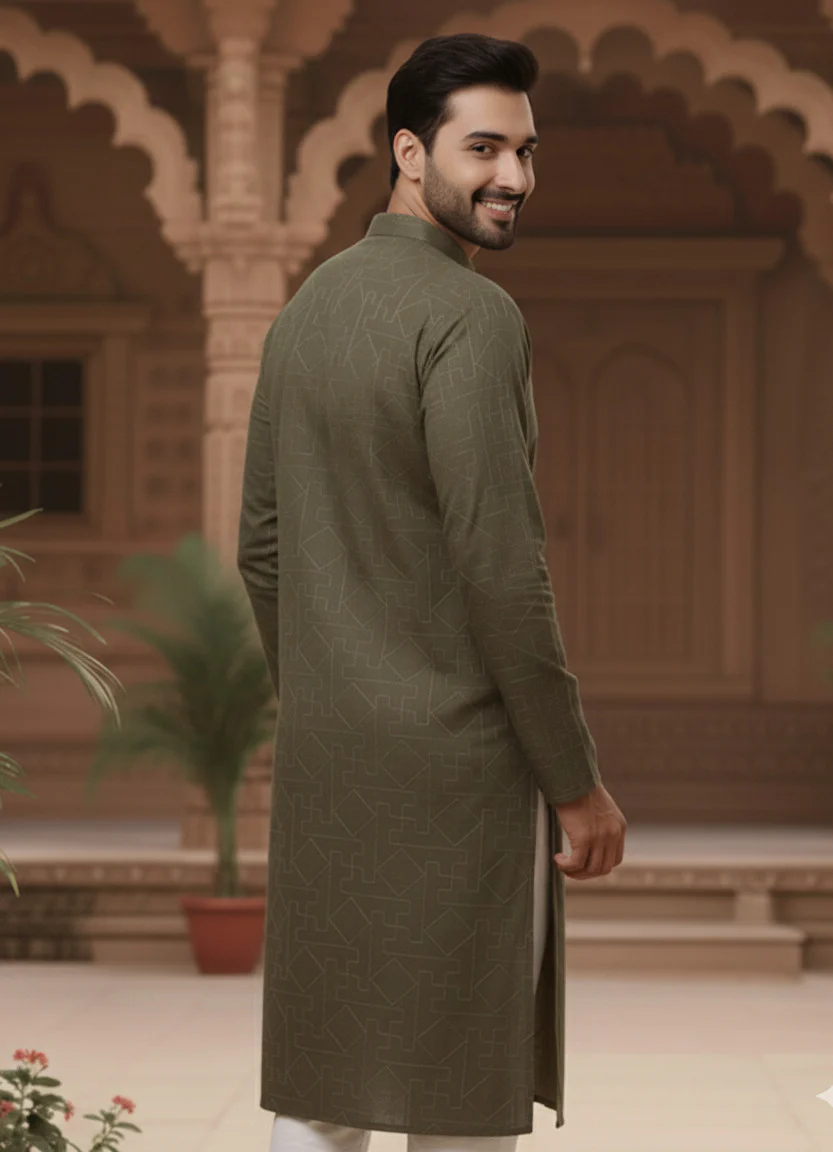 Men Green Zig Zag Embroidered Kurta - Image 2