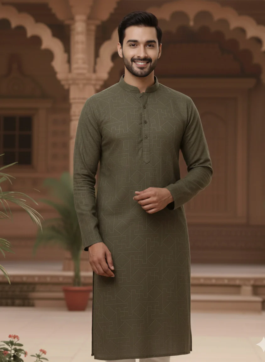 Men Green Zig Zag Embroidered Kurta - Image 3