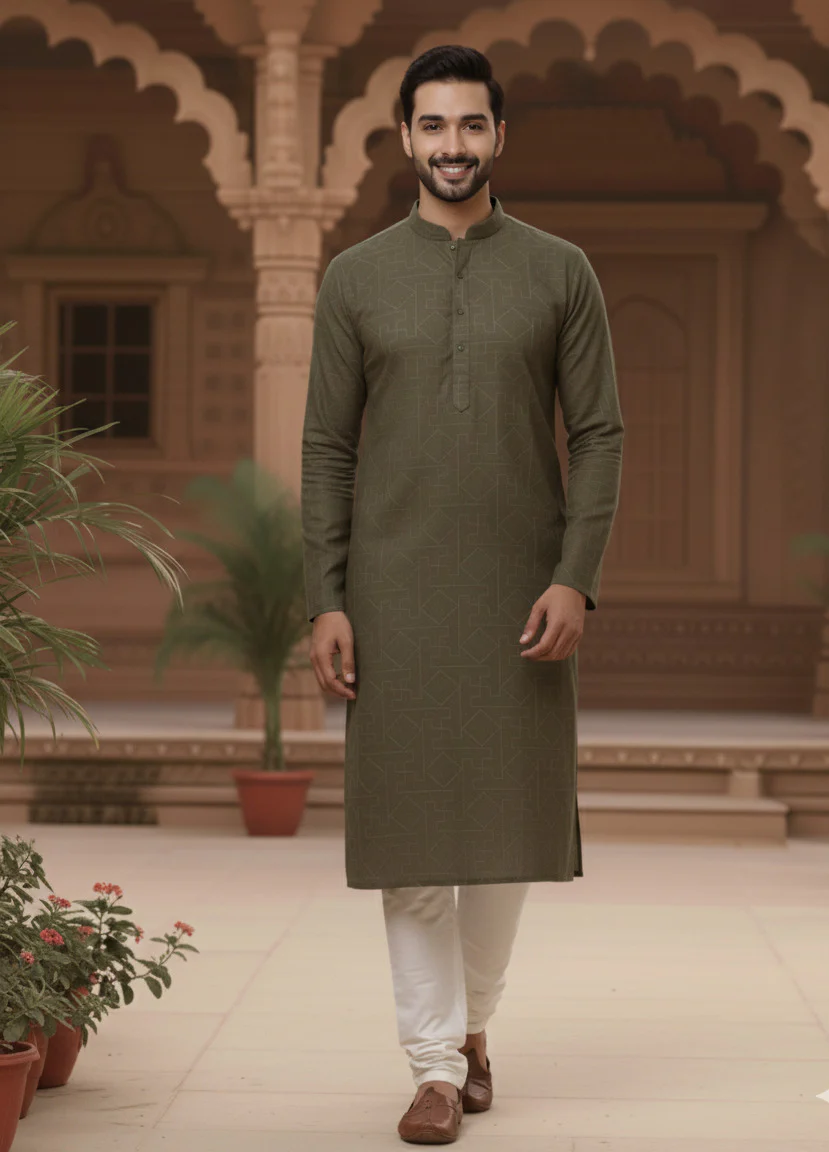 Men Green Zig Zag Embroidered Kurta - Image 4