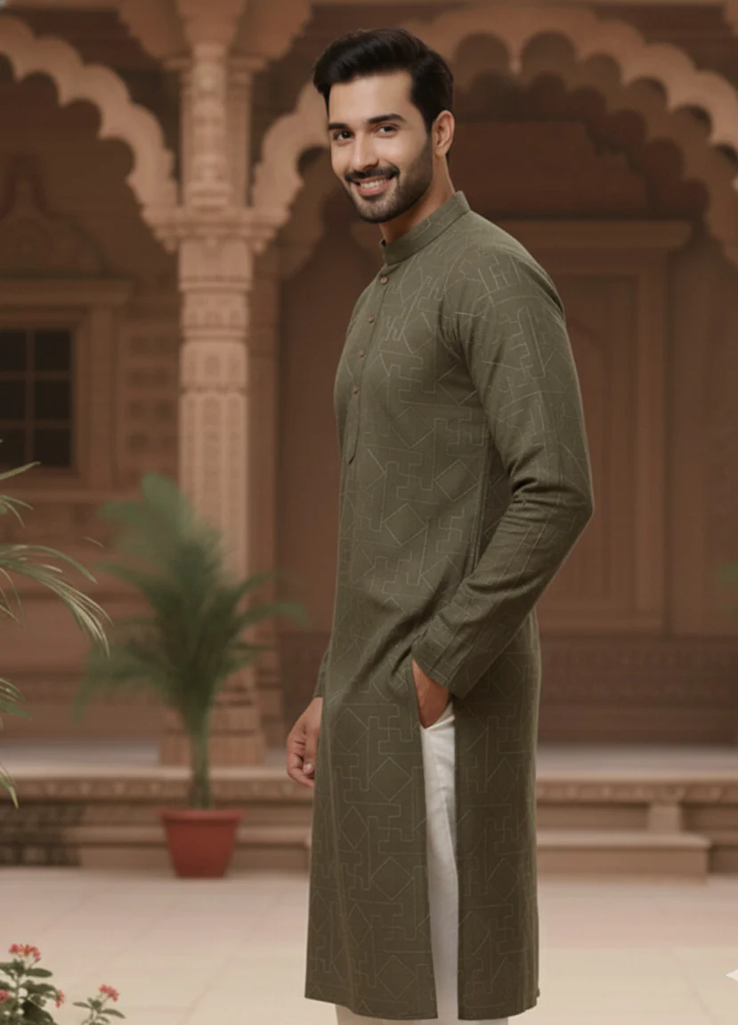 Men Green Zig Zag Embroidered Kurta - Image 5