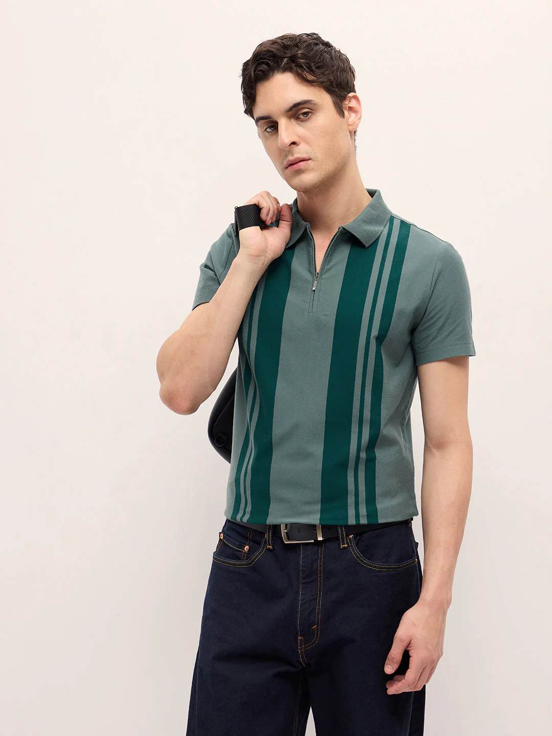 Men GreenDark Green Stripe Design Regular Fit Polo with Zipper Placket