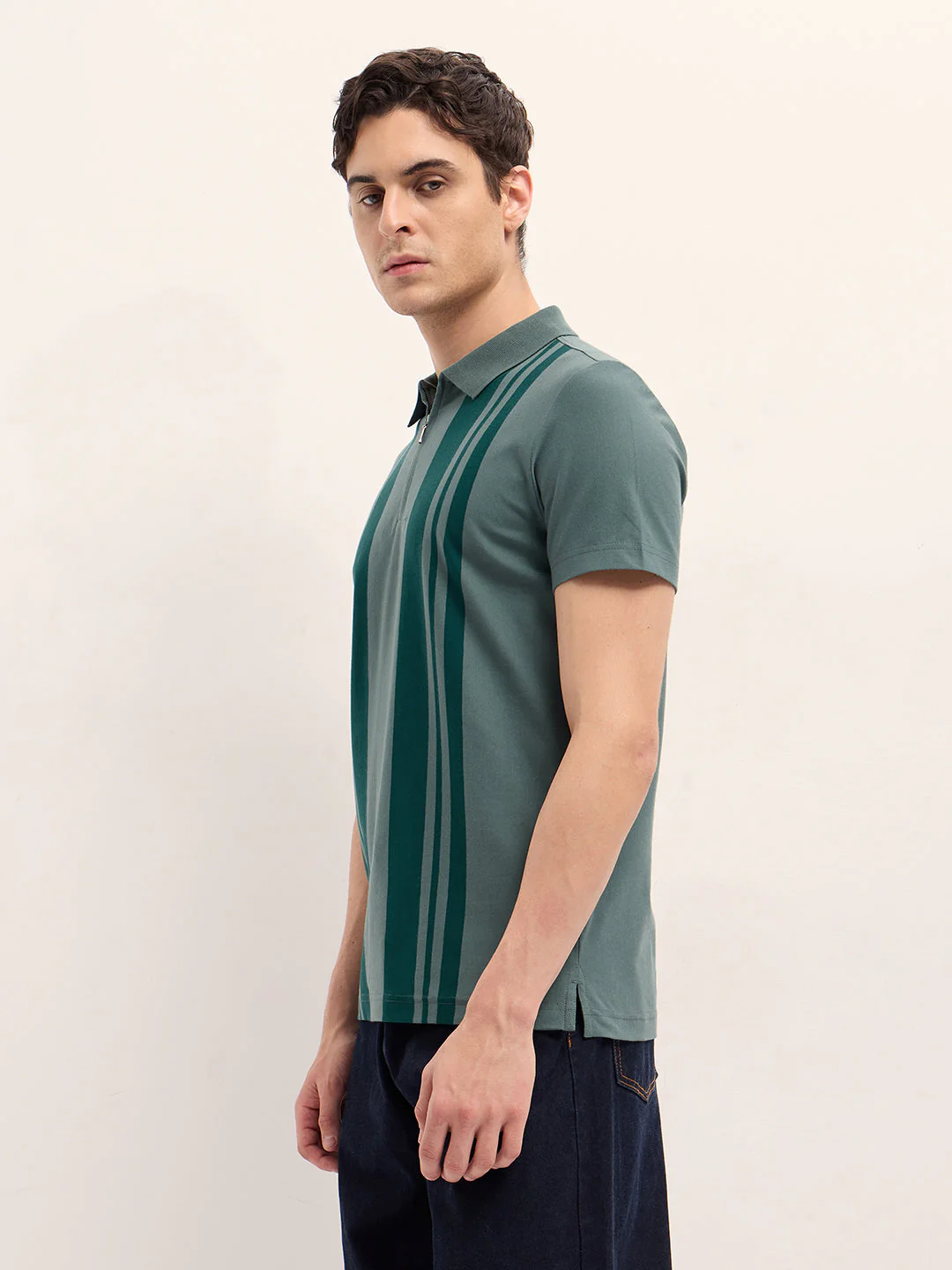Men GreenDark Green Stripe Design Regular Fit Polo with Zipper Placket - Image 3