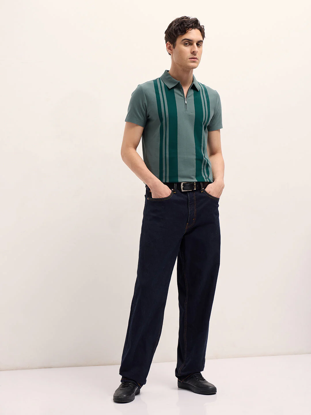 Men GreenDark Green Stripe Design Regular Fit Polo with Zipper Placket - Image 4
