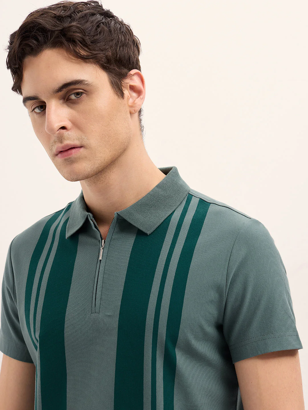 Men GreenDark Green Stripe Design Regular Fit Polo with Zipper Placket - Image 5