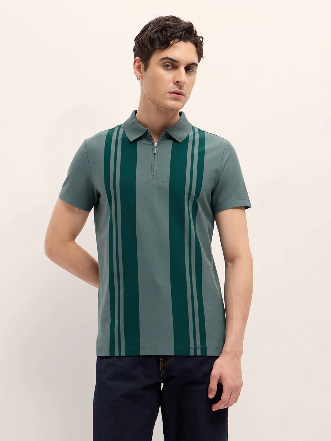 Men GreenDark Green Stripe Design Regular Fit Polo with Zipper Placket - Image 6