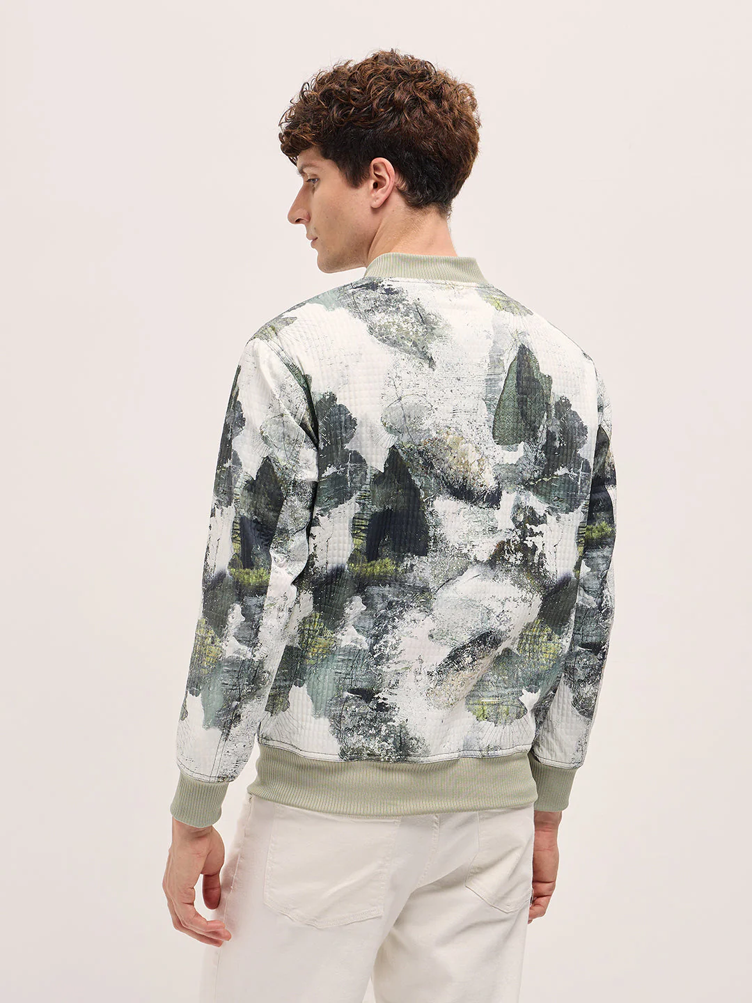 Men GreenWhite Camouflage Bomber Jacket with Ribbed Details - Image 2