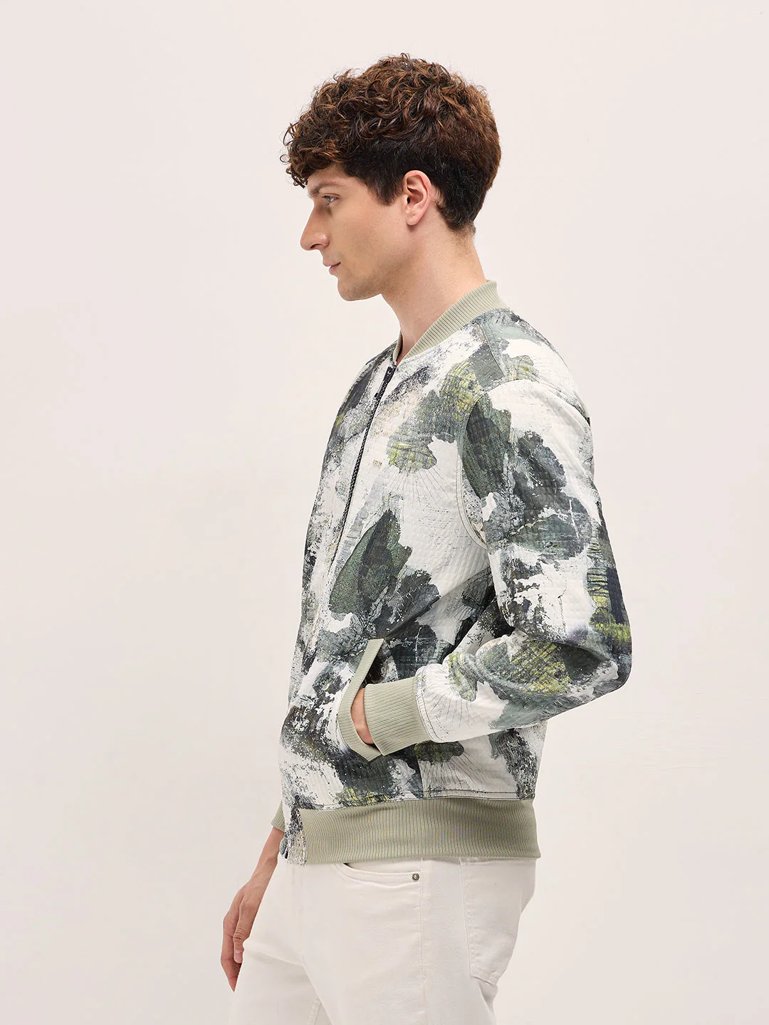 Men GreenWhite Camouflage Bomber Jacket with Ribbed Details - Image 3