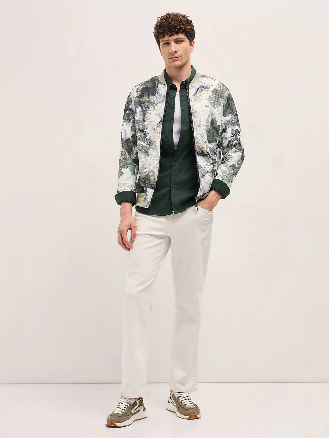 Men GreenWhite Camouflage Bomber Jacket with Ribbed Details - Image 4