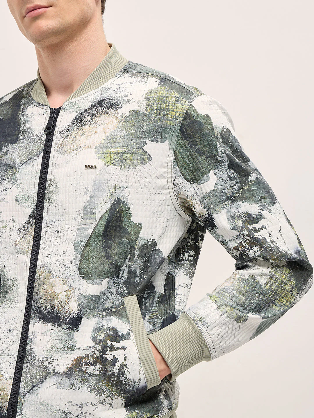 Men GreenWhite Camouflage Bomber Jacket with Ribbed Details - Image 5