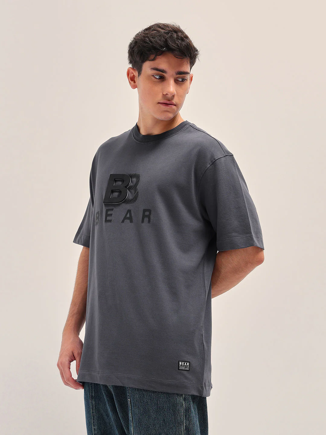 Men Grey 3D graphic Print Crew Neck Oversize T-Shirt - Image 3