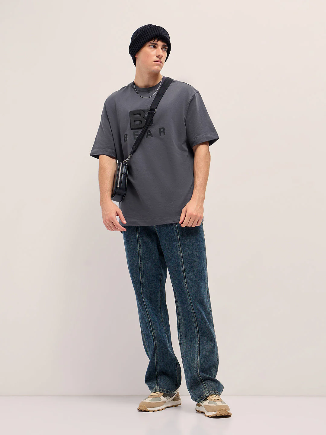 Men Grey 3D graphic Print Crew Neck Oversize T-Shirt - Image 4