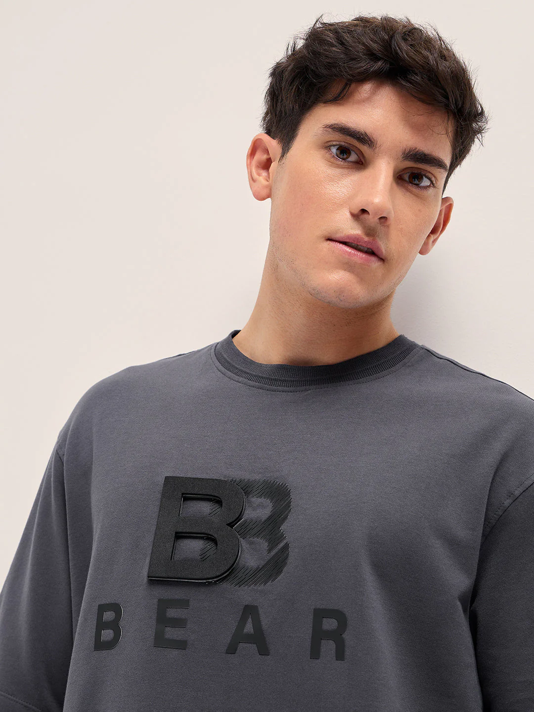 Men Grey 3D graphic Print Crew Neck Oversize T-Shirt - Image 5