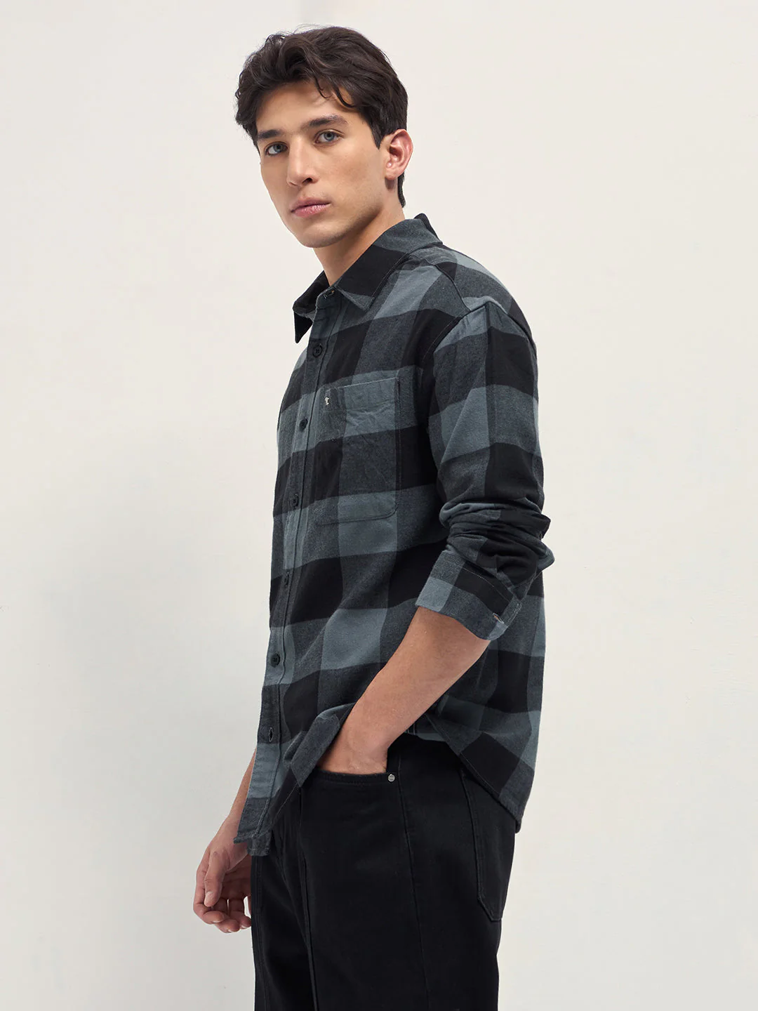 Men Grey and Black Buffalo Check Relaxed Fit Casual Shirt - Image 3