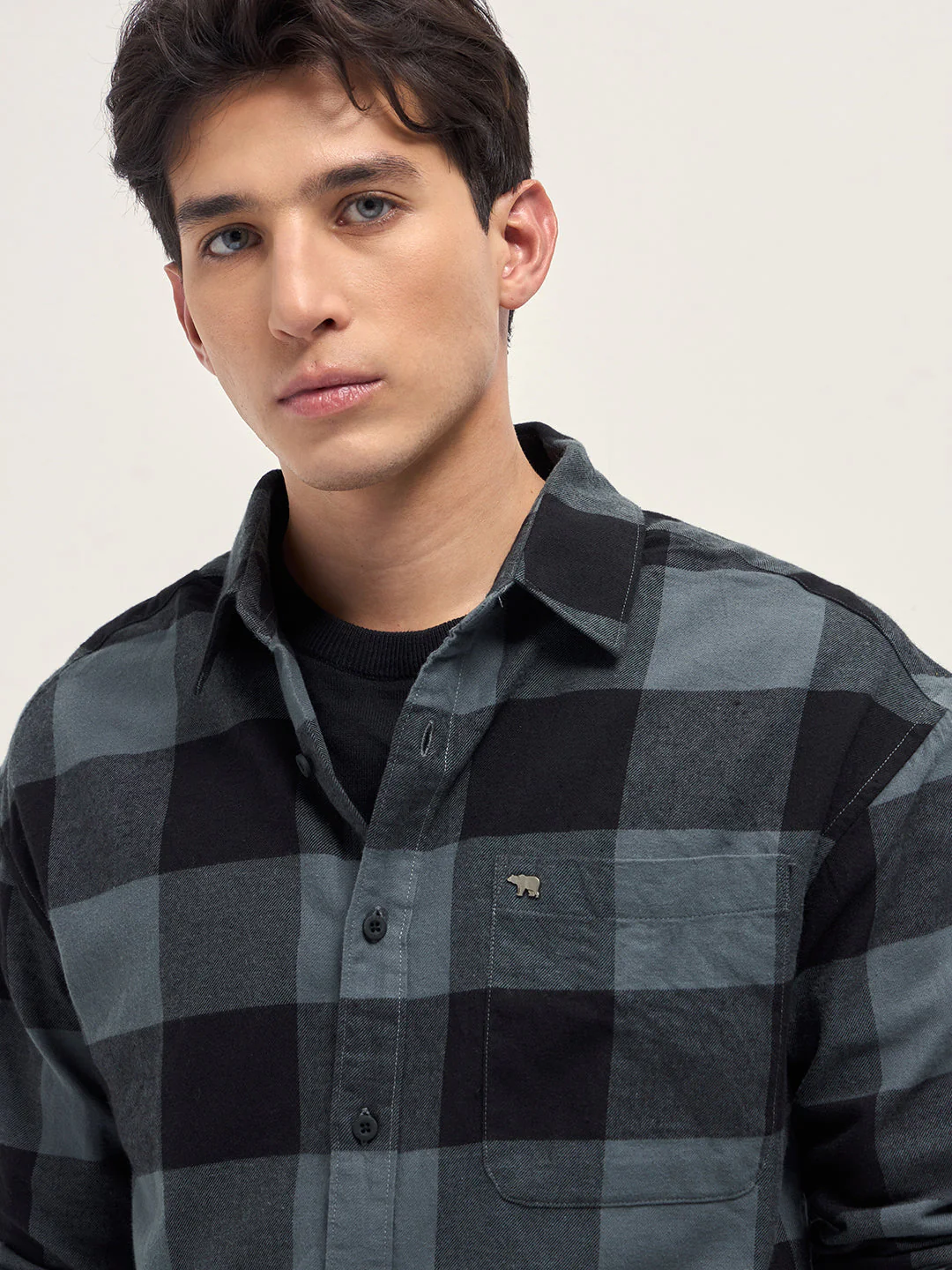 Men Grey and Black Buffalo Check Relaxed Fit Casual Shirt - Image 5