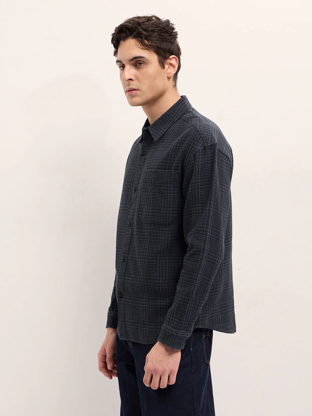 Men Grey and Black Checked Relax Fit Overshirt - Image 3