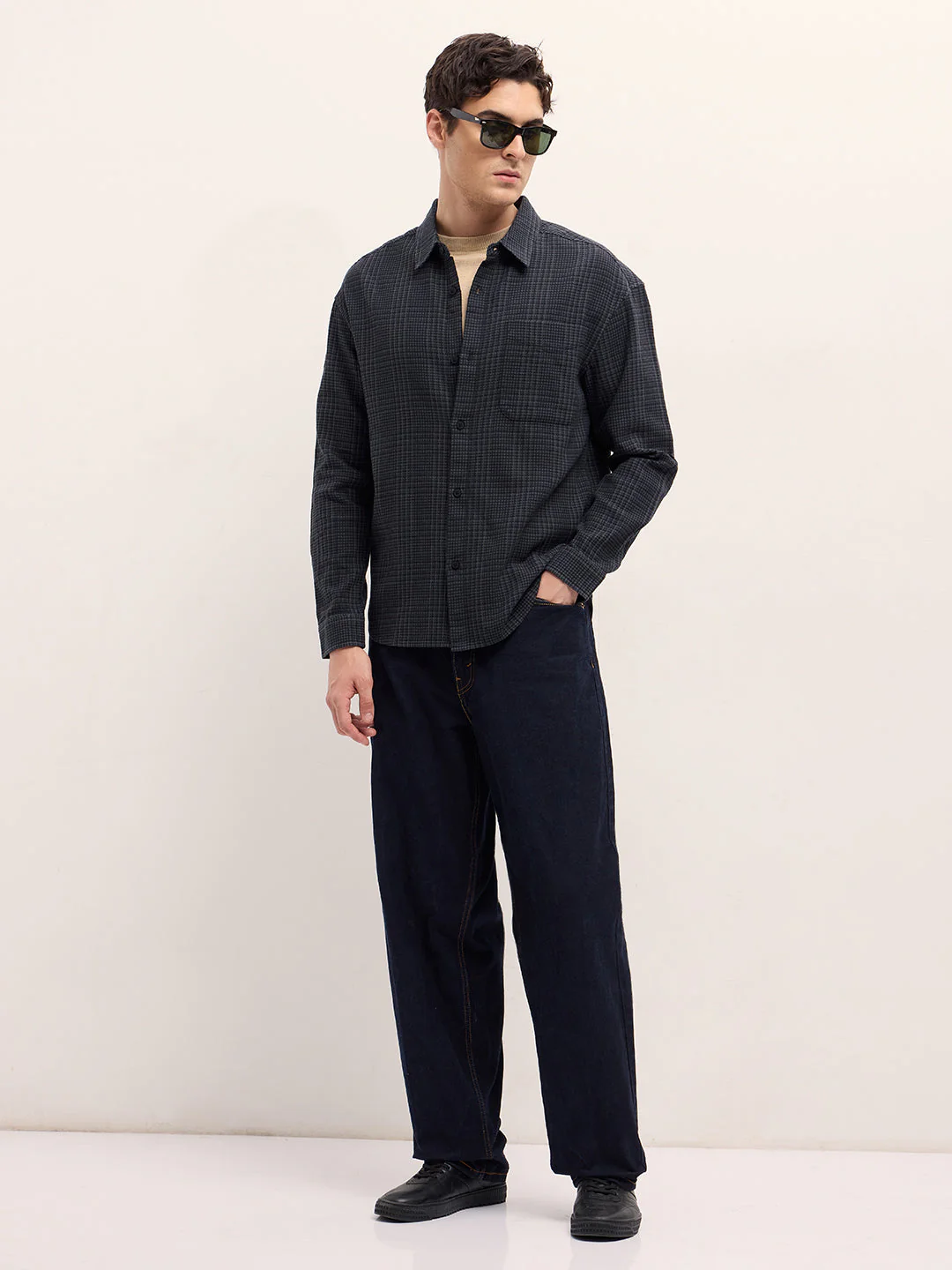 Men Grey and Black Checked Relax Fit Overshirt - Image 4