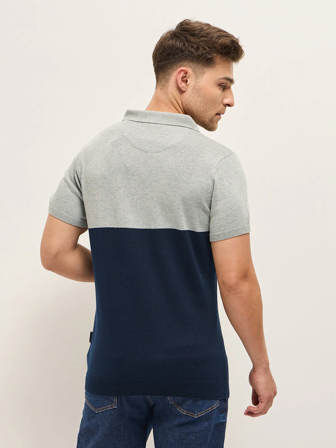 Men Grey and Navy Textured Knit Regular Fit Polo T-shirt - Image 2