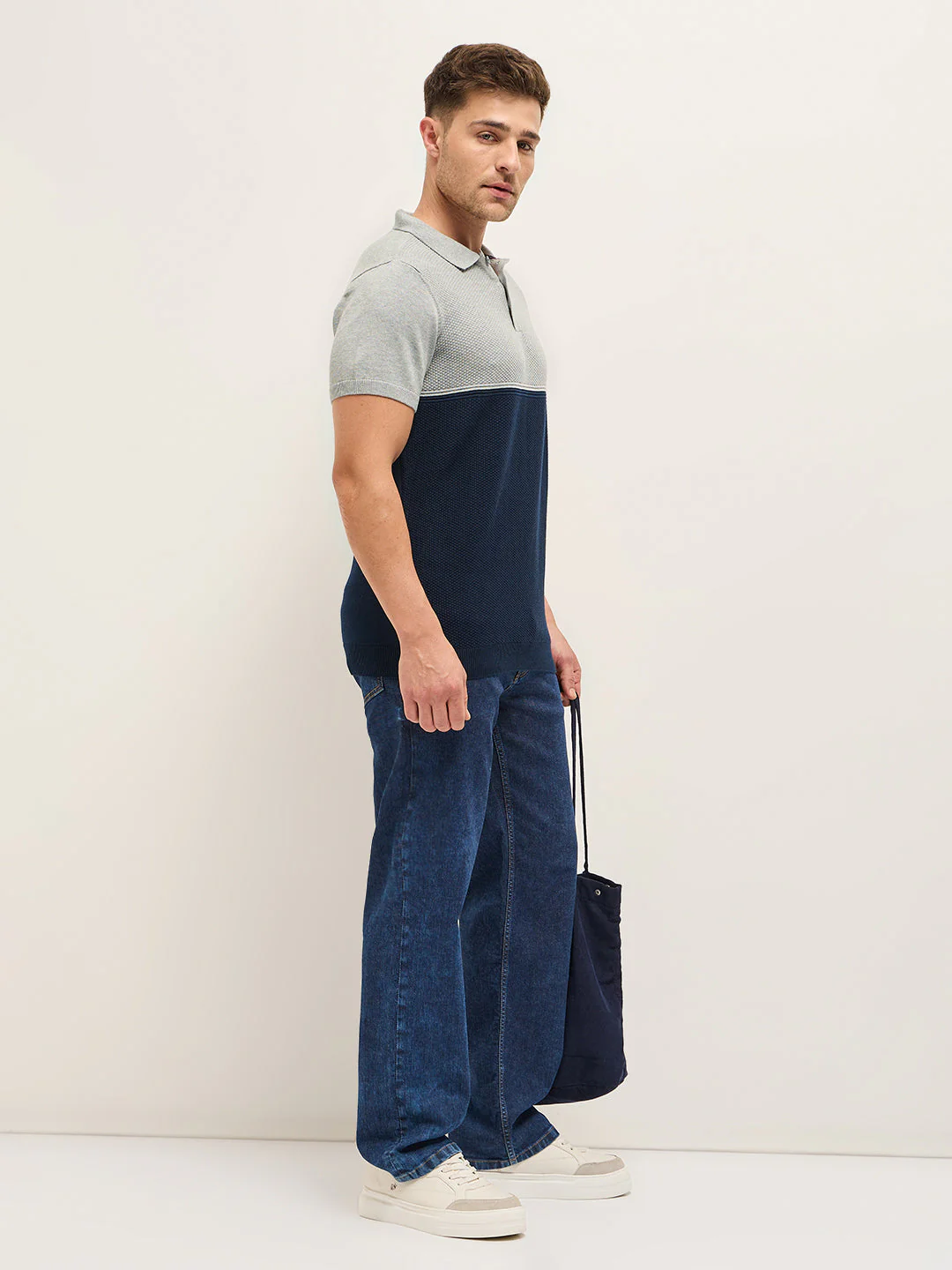 Men Grey and Navy Textured Knit Regular Fit Polo T-shirt - Image 3