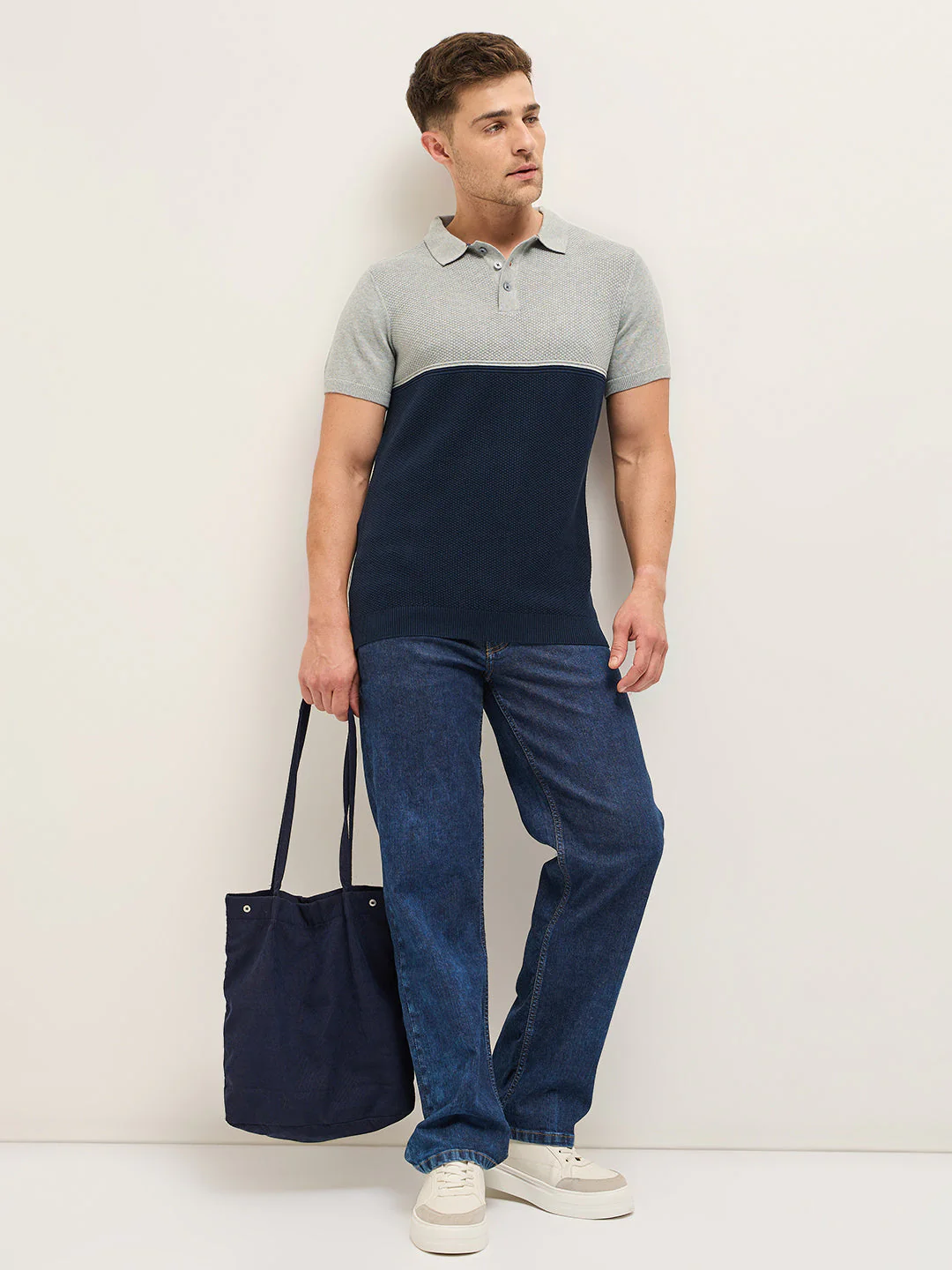 Men Grey and Navy Textured Knit Regular Fit Polo T-shirt - Image 4