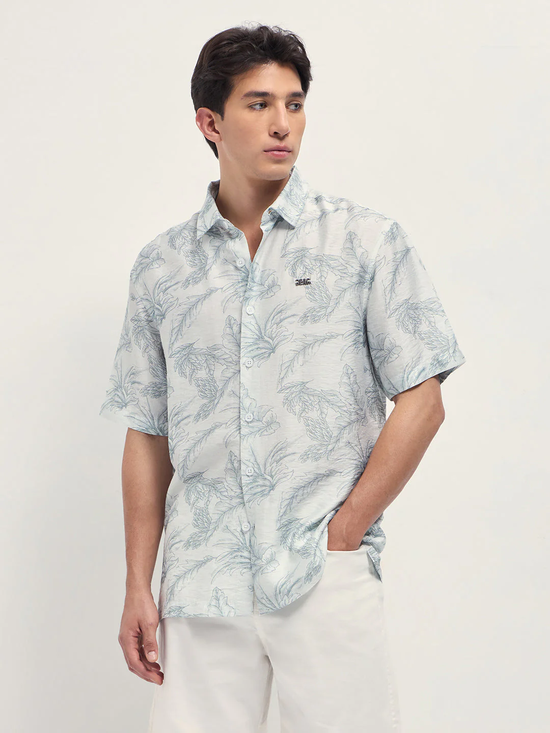 Men Grey and White Leafy Botanical Print Relaxed Fit Casual Shirt - Image 6