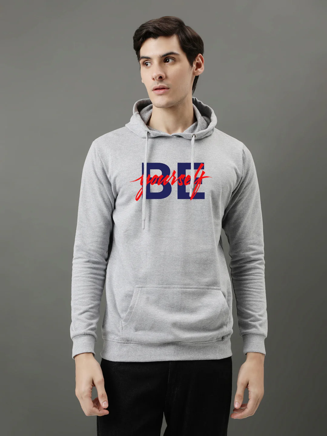 Men Grey Be Yourself Printed Hoodie - Image 2
