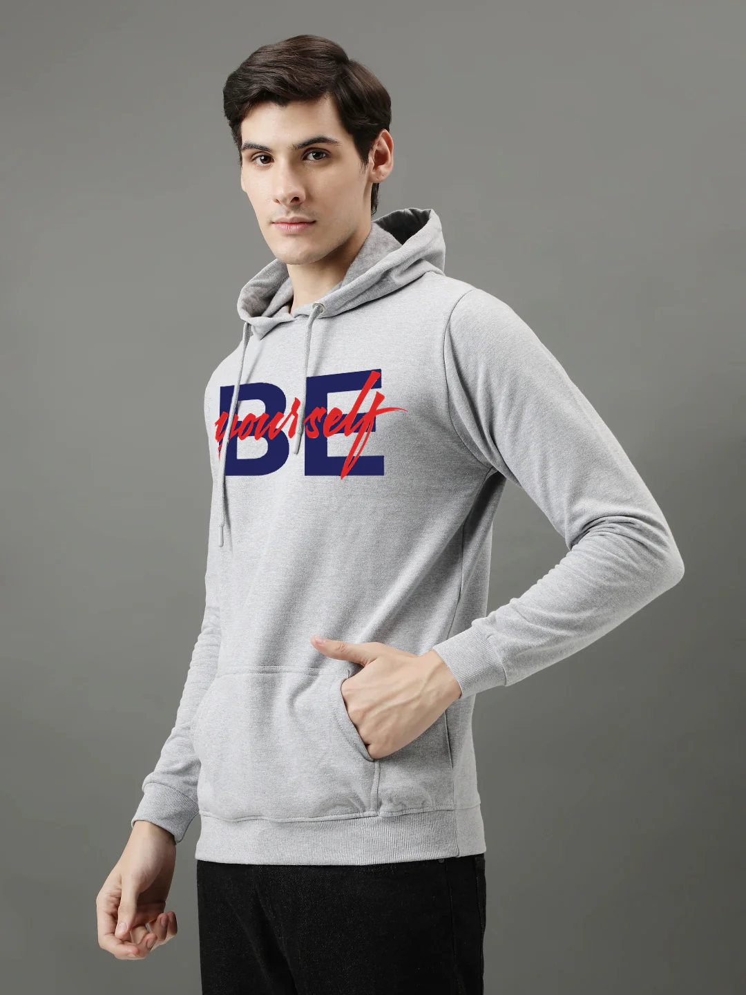 Men Grey Be Yourself Printed Hoodie - Image 3