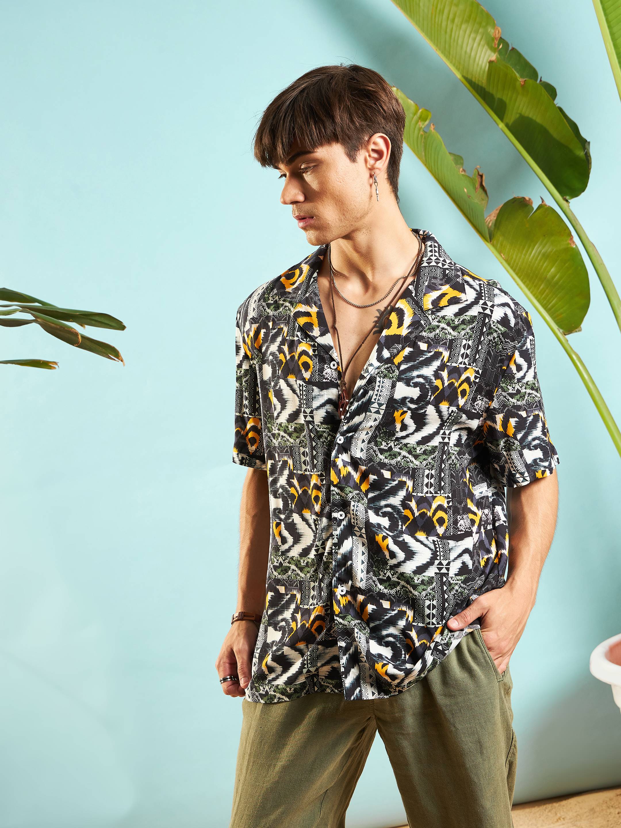 Men Grey & Black Conversational Print Relax Fit Shirt - Image 3
