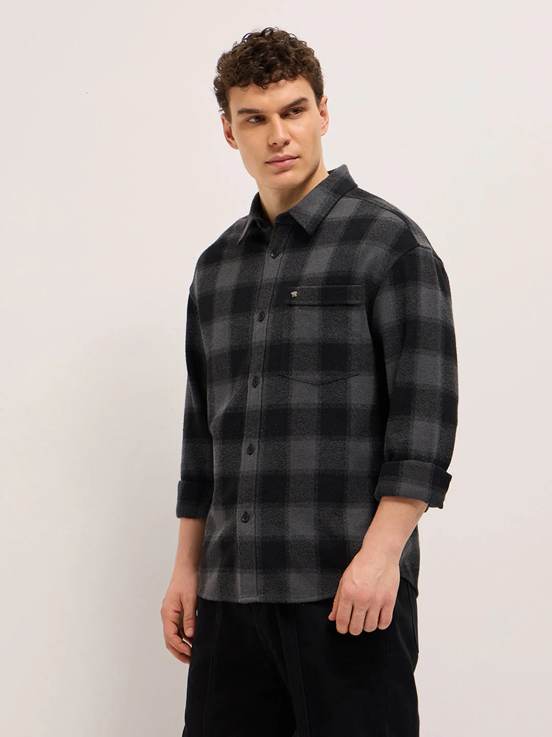 Men Grey & Black Tartan Checked Relaxed Fit Overshirt - Image 3