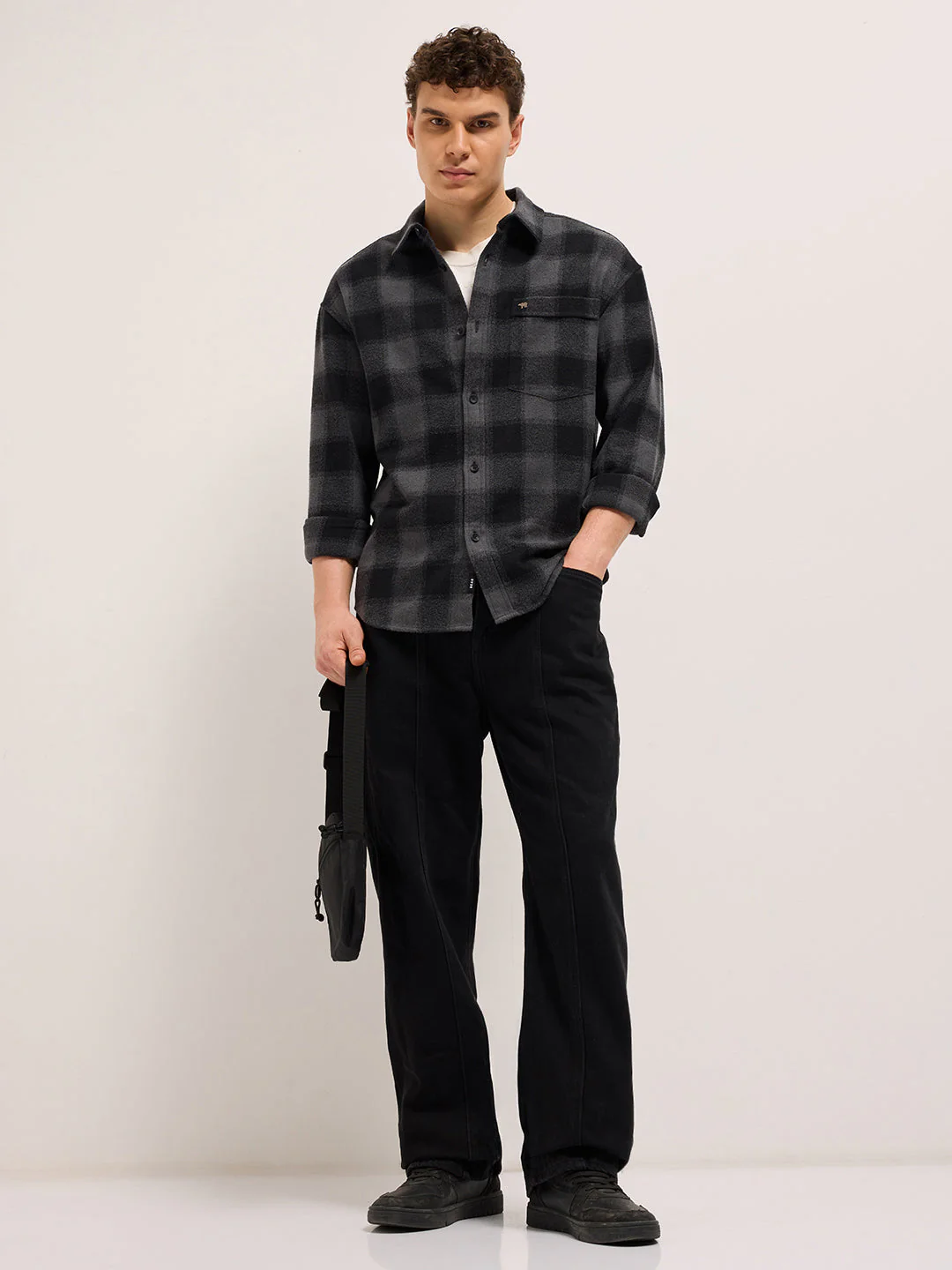 Men Grey & Black Tartan Checked Relaxed Fit Overshirt - Image 4