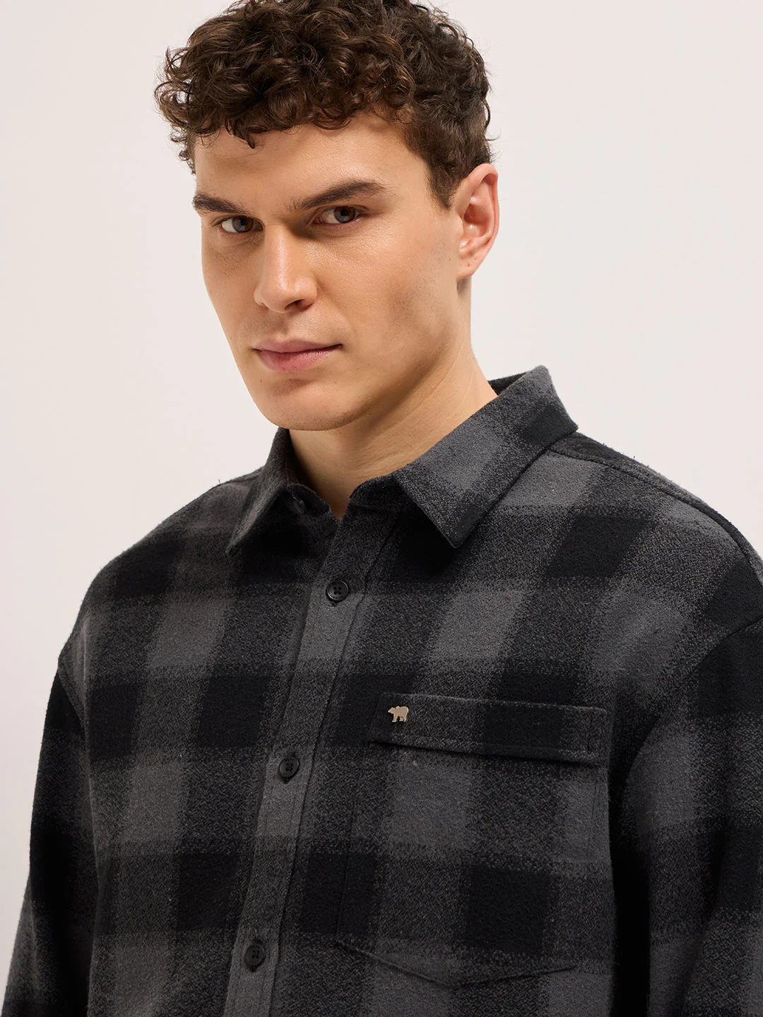 Men Grey & Black Tartan Checked Relaxed Fit Overshirt - Image 5