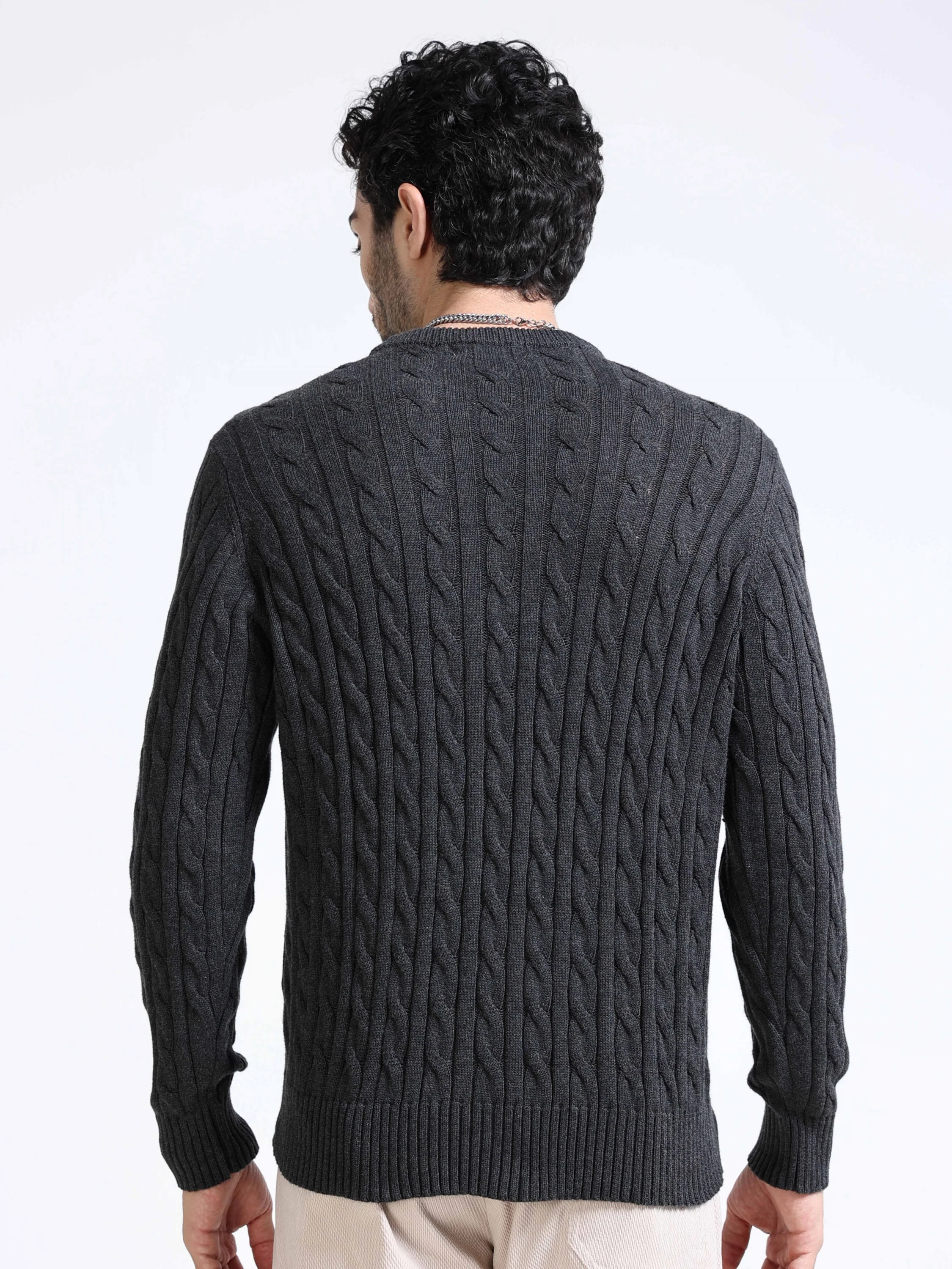 Men Grey Cable Knit Sweater - Image 2