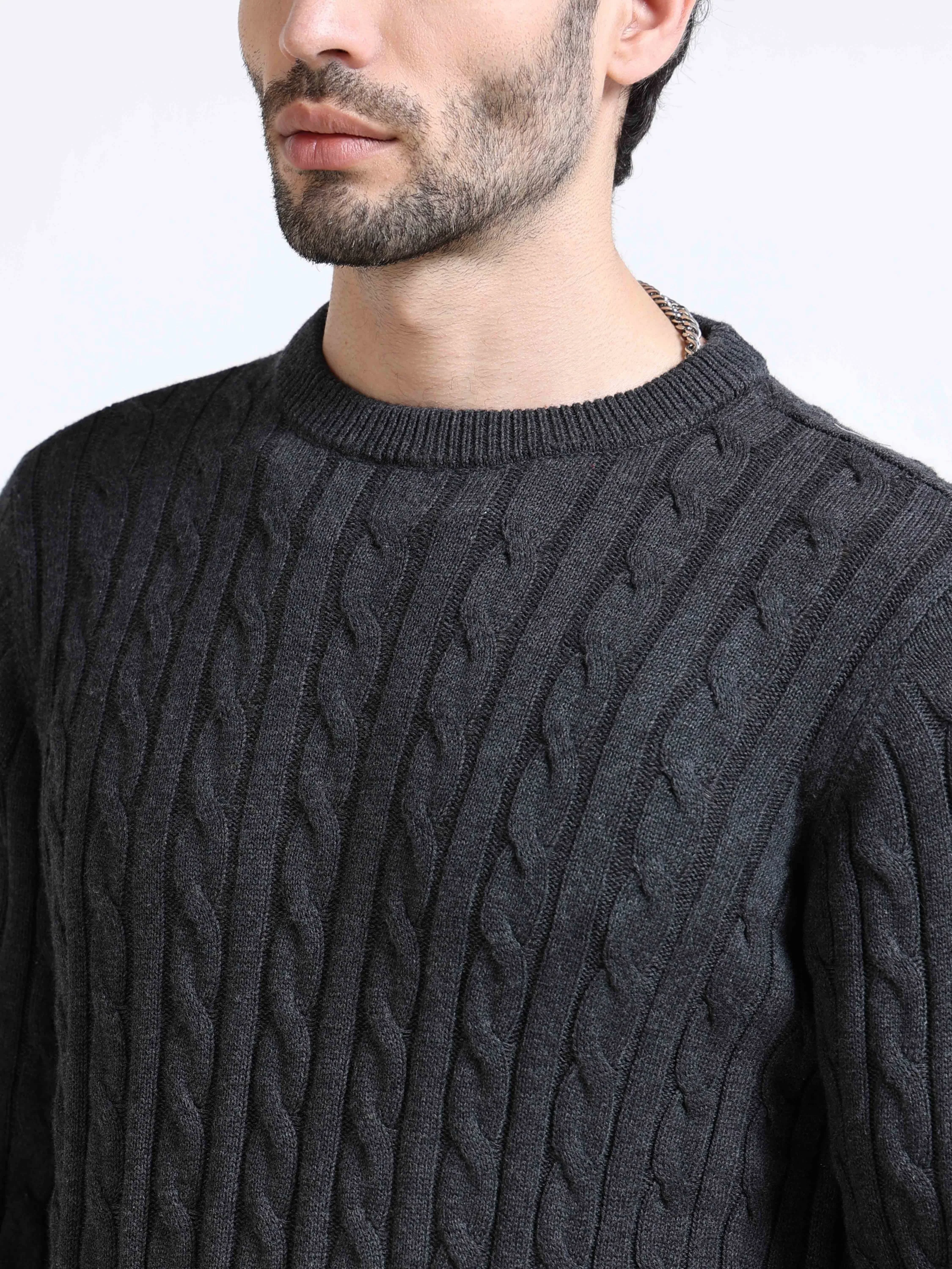 Men Grey Cable Knit Sweater - Image 3
