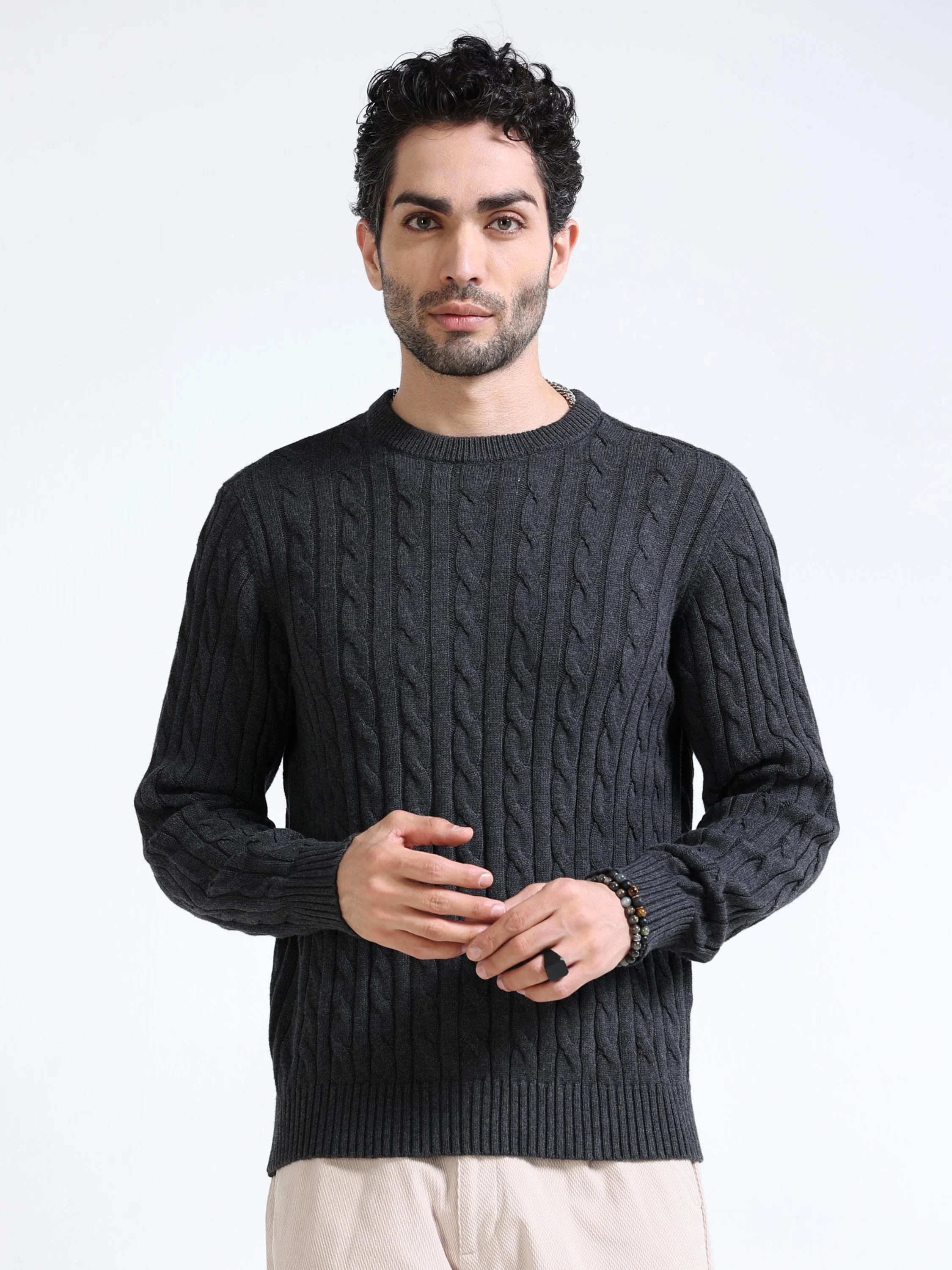 Men Grey Cable Knit Sweater - Image 4