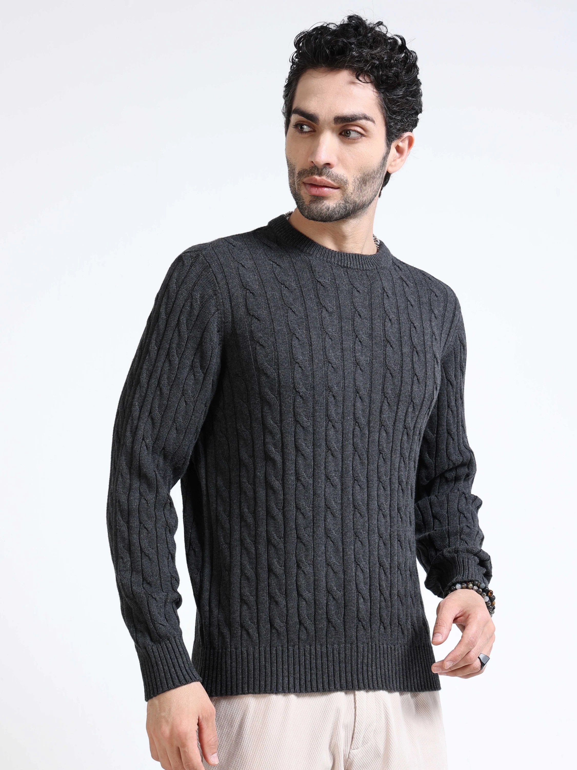 Men Grey Cable Knit Sweater - Image 5