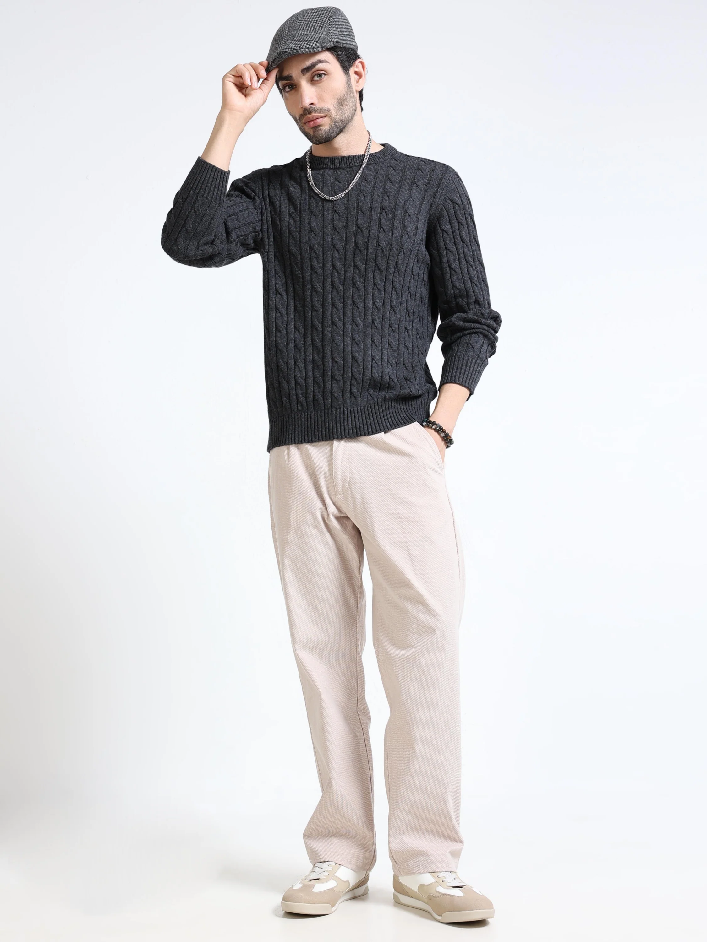 Men Grey Cable Knit Sweater - Image 6