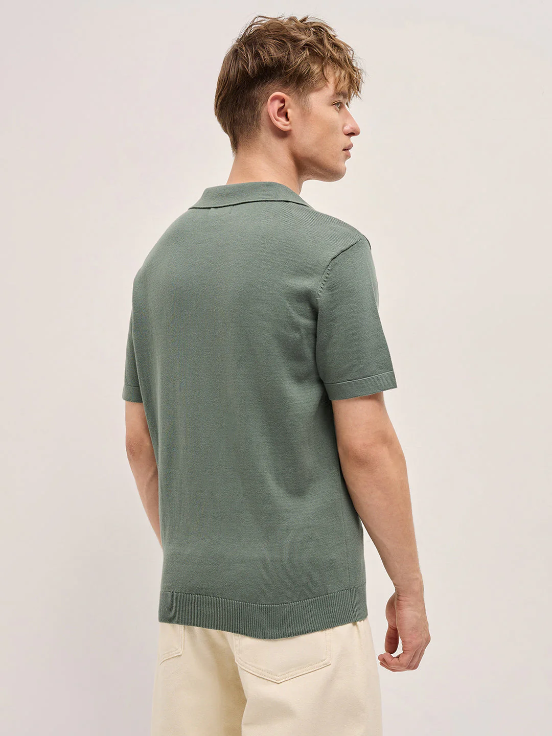 Men Grey Cable Knit Texture Design Slim Fit Polo - Image 2
