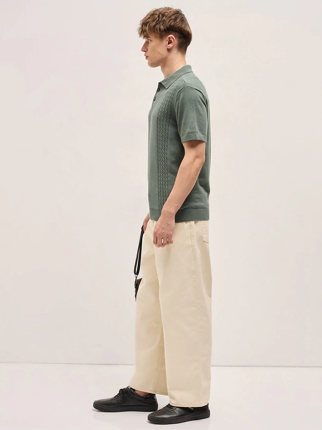 Men Grey Cable Knit Texture Design Slim Fit Polo - Image 3
