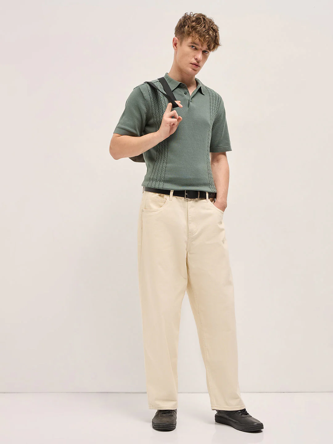 Men Grey Cable Knit Texture Design Slim Fit Polo - Image 4