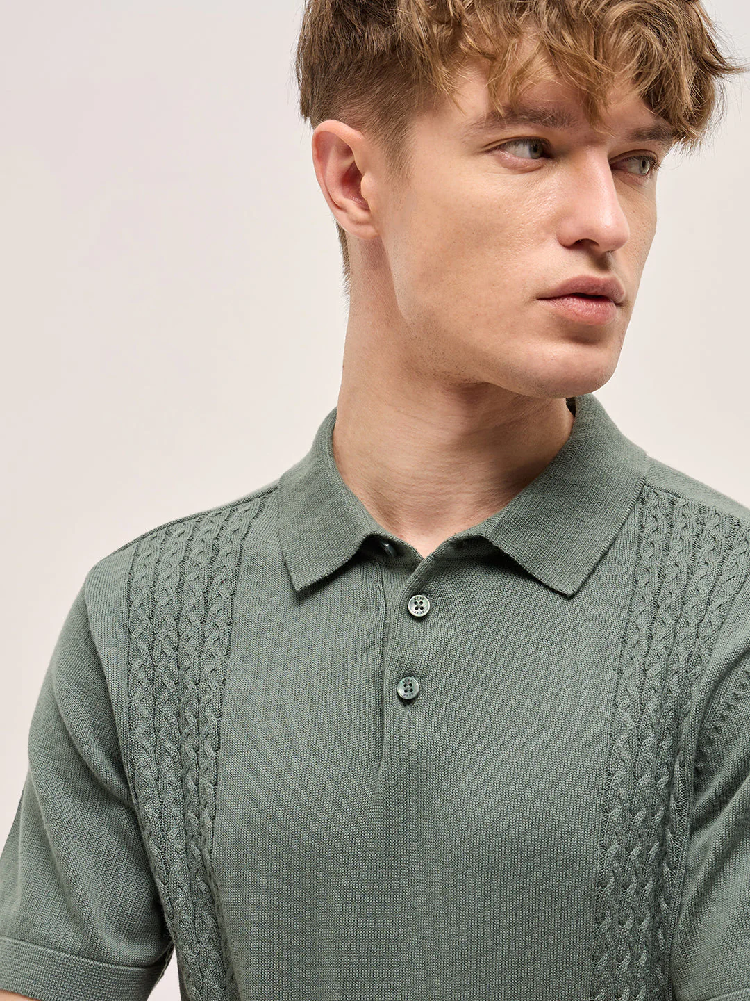Men Grey Cable Knit Texture Design Slim Fit Polo - Image 5