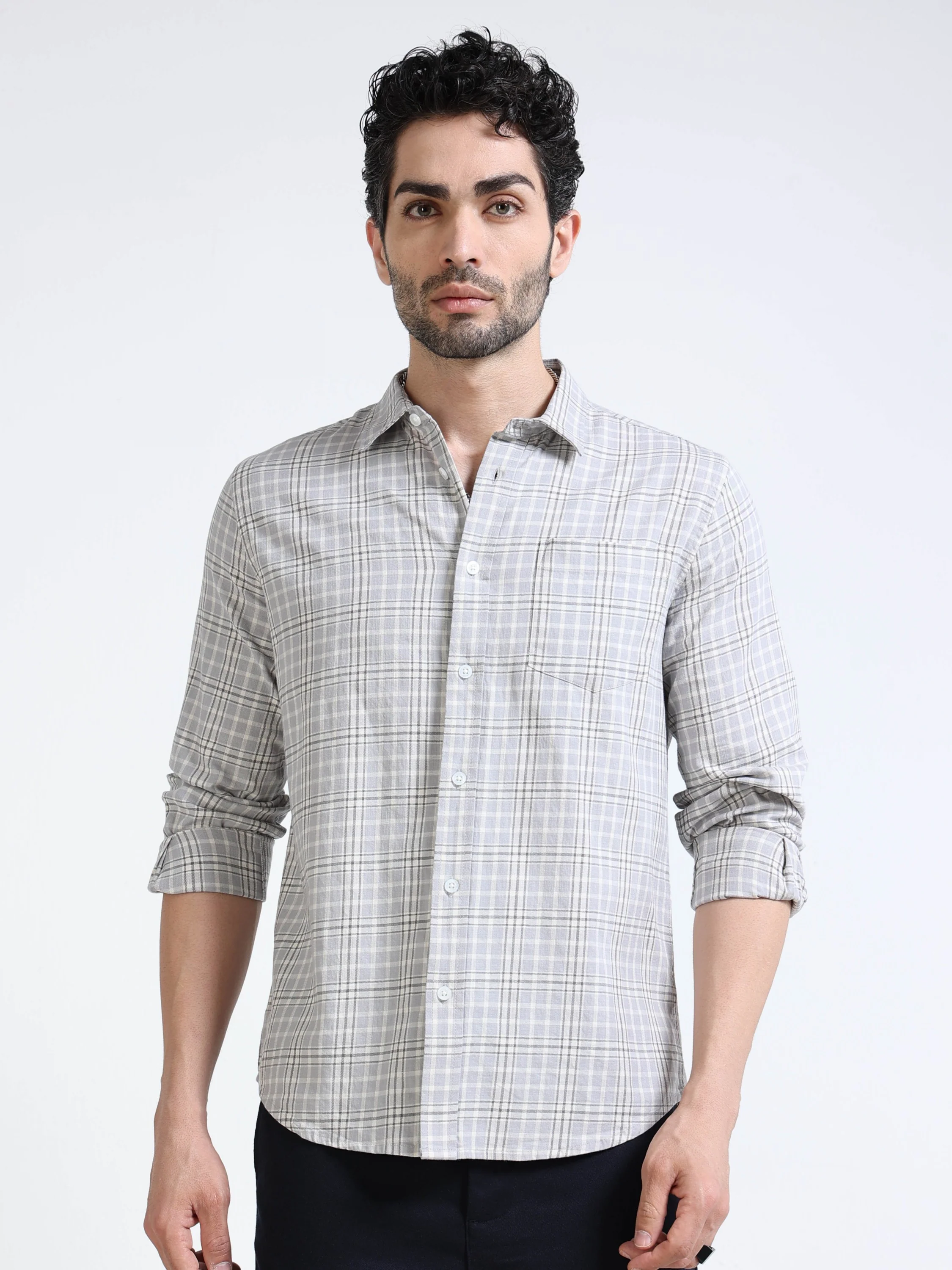 Men Grey Check Regular Fit Shirt - Image 5